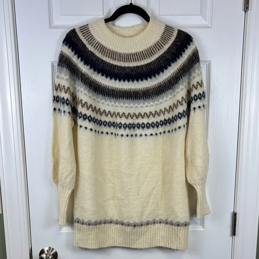 NWOT J. Crew Fair Isle Yolk puff sleeve cream and navy sweater sz sm